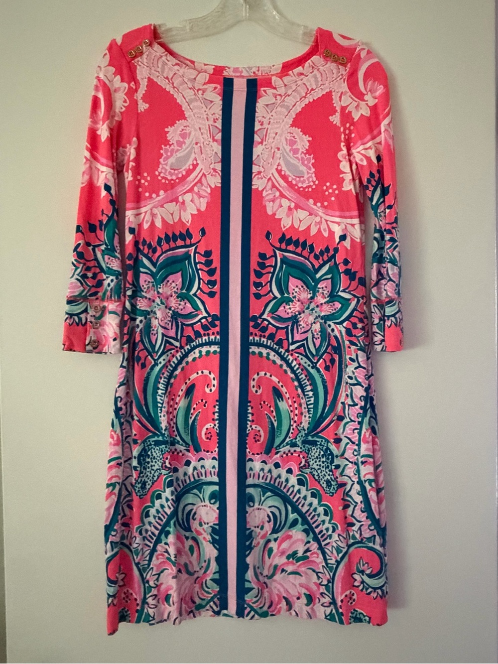 Lilly Pulitzer Coral Pink Floral Shift Dress with Teal & Navy Accents